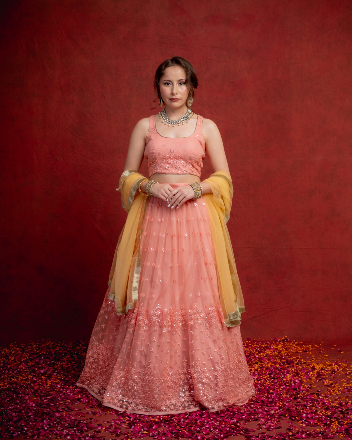 Peach and Yellow Sequin Shimmer Lehenga