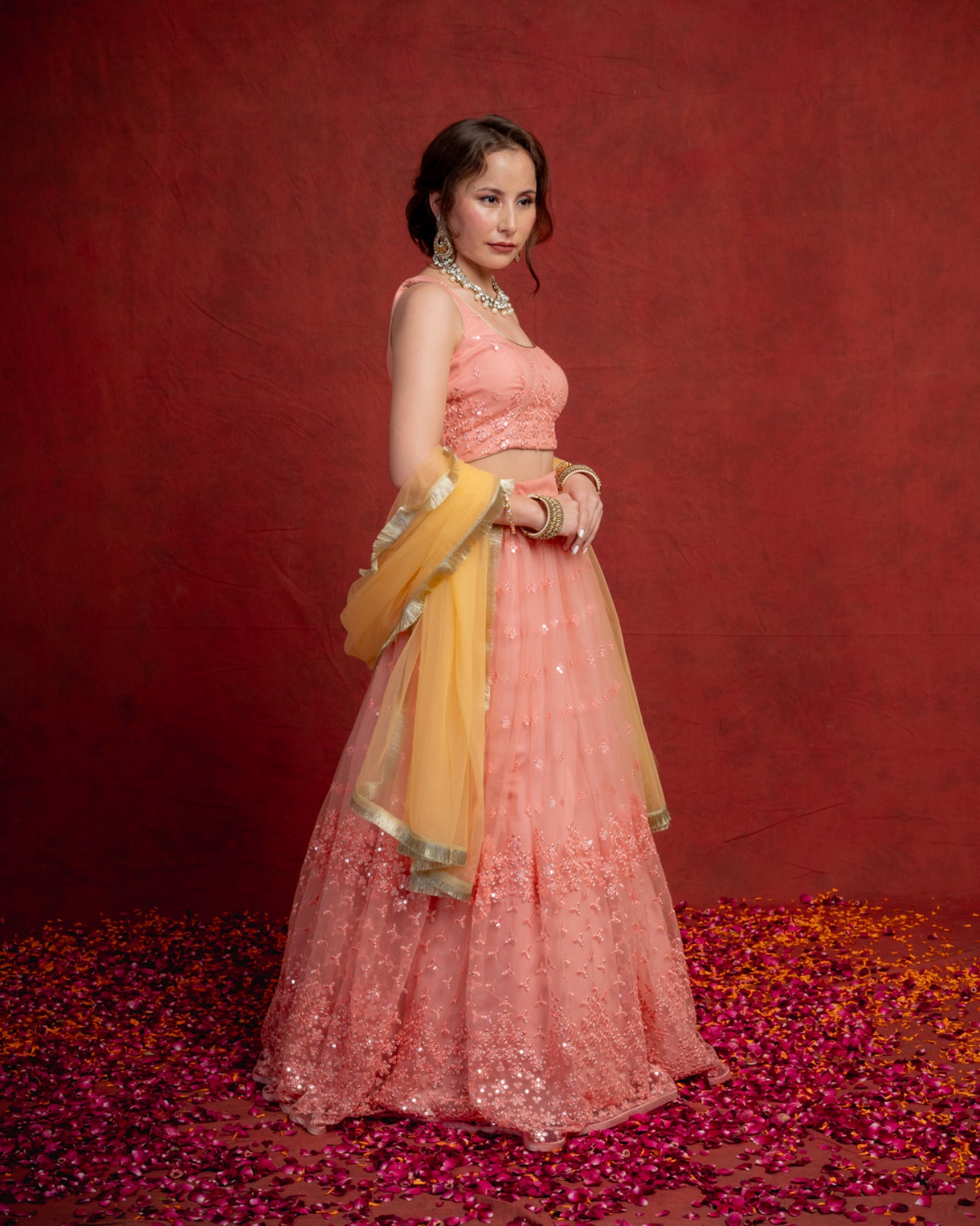 Peach and Yellow Sequin Shimmer Lehenga