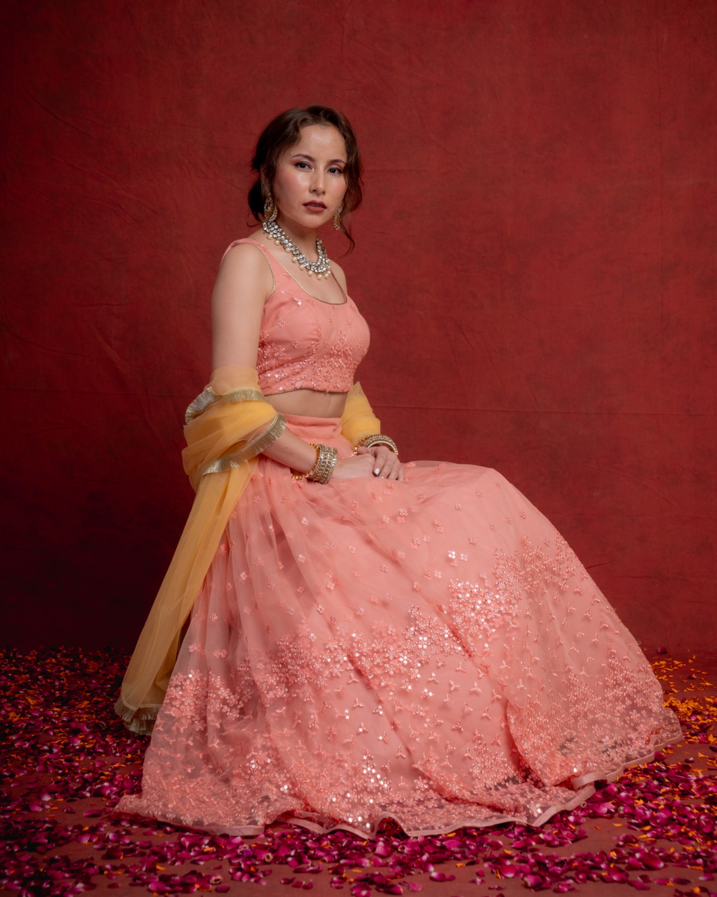 Peach and Yellow Sequin Shimmer Lehenga